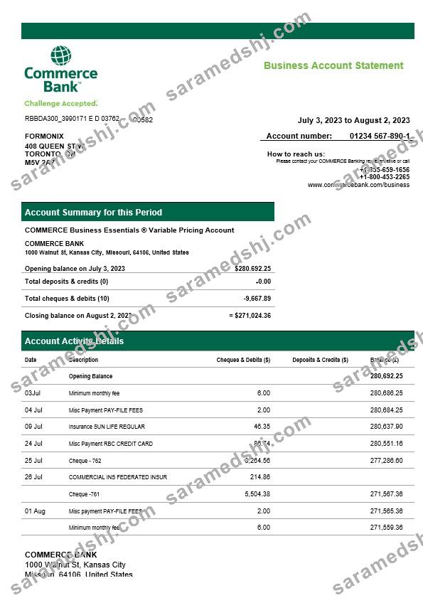 Commerce Bank firm account statement Word and PDF template